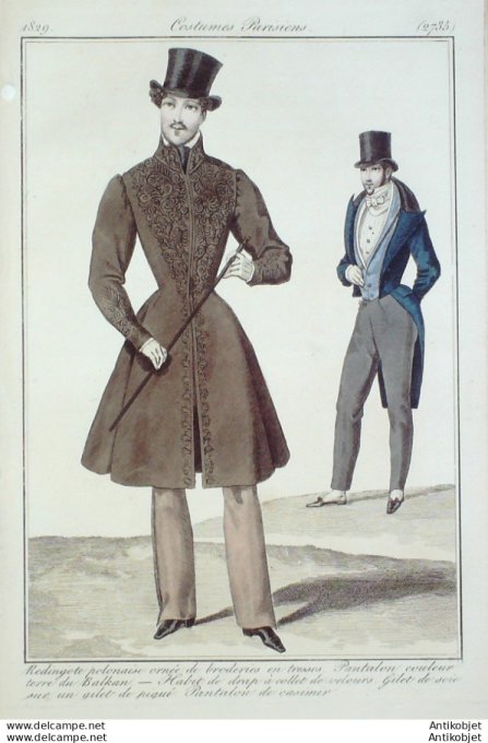 Gravure de mode Costume Parisien 1829 n°2735 Redingote habit de drap homme