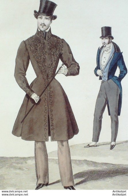 Gravure de mode Costume Parisien 1829 n°2735 Redingote habit de drap homme