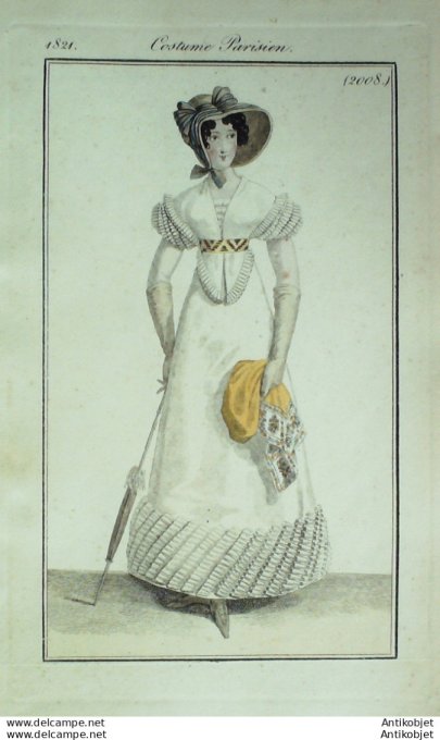 Gravure de mode Costume Parisien 1821 n°2008 Robe et fichu perkale