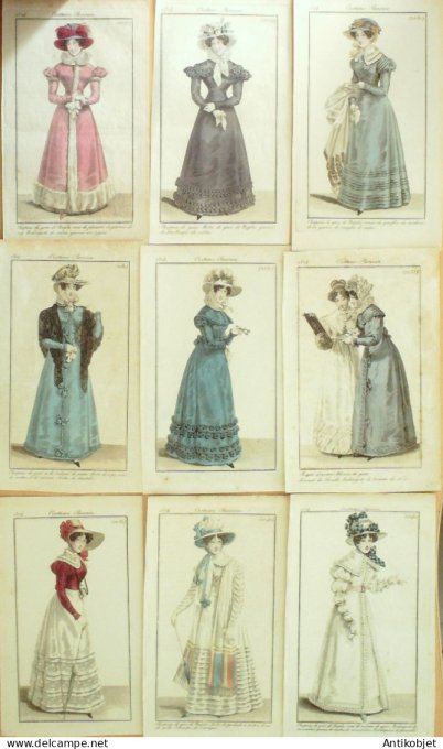 Gravures de mode Costume Parisien 1824 Lot 13 9 pièces