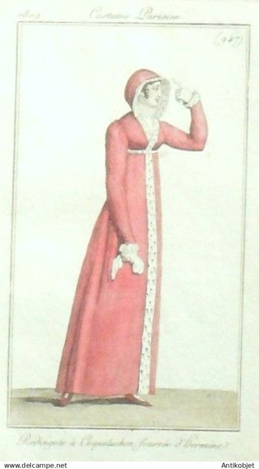 Costume Parisien 1809 # 947 (eau forte) Redingote  à  Coqueluchon