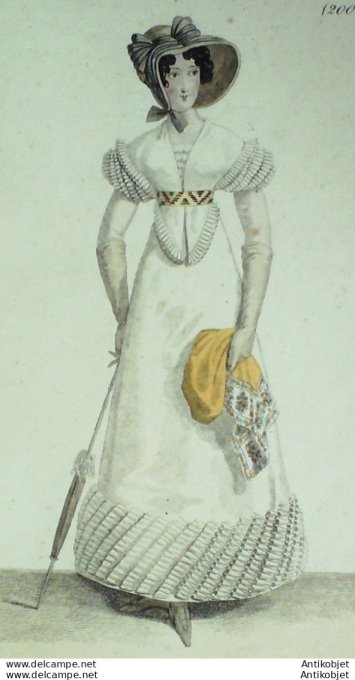 Gravure de mode Costume Parisien 1821 n°2008 Robe et fichu perkale
