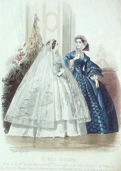 Gravure Les Modes Parisiennes 1858 # 817 Robes de Mariée Maison Fauvet