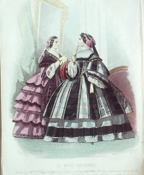 Gravure Les Modes Parisiennes 1858 # 818 Robes en madras Maison Vafseno