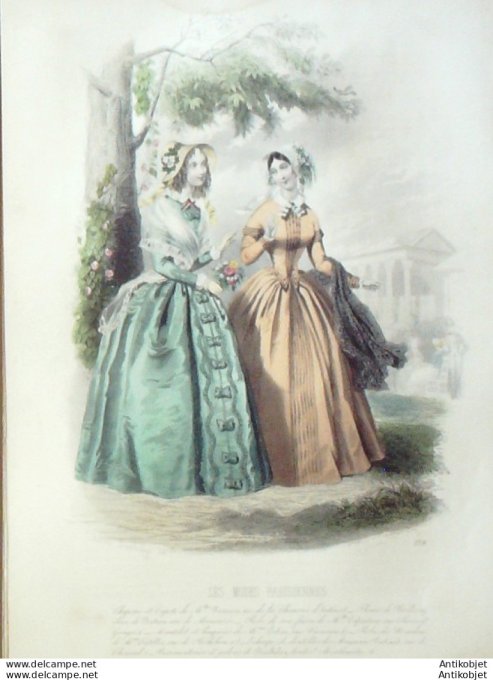 Gravure Les Modes Parisiennes 1846 # 179 Robe soie Maison Eglantine