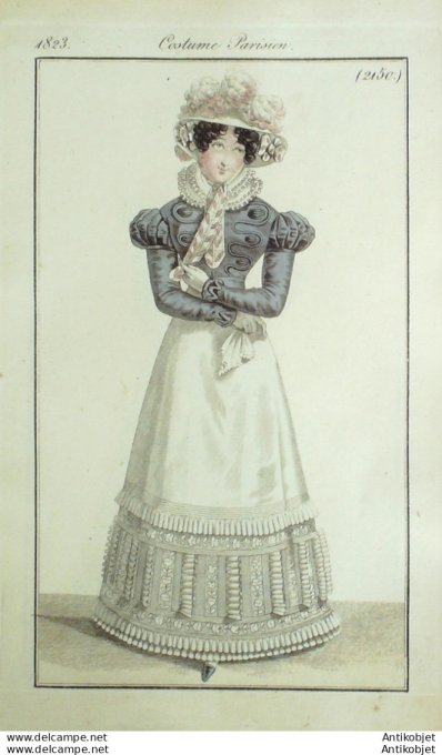 Gravure de mode Costume Parisien 1823 n°2150 Robe perkale corsage soie