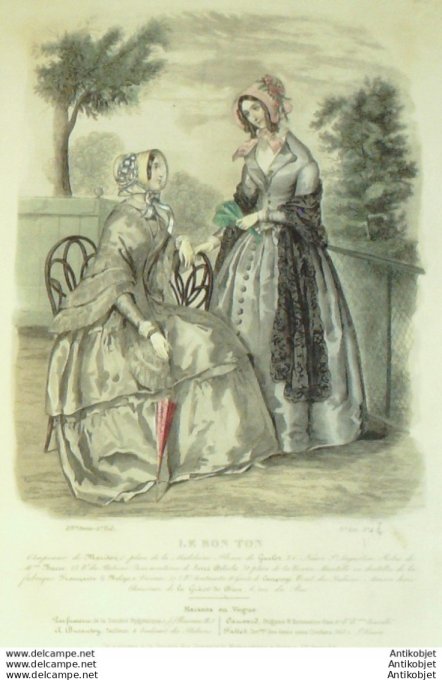 Gravure de mode Le Bon Ton 1847 14 n° 4 vol 2 Robes (Maison Barre)