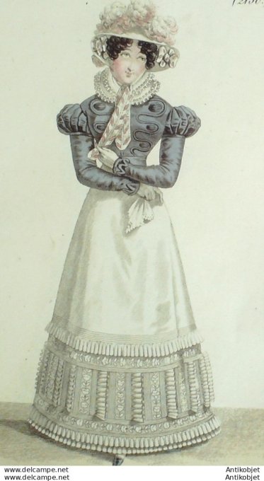 Gravure de mode Costume Parisien 1823 n°2150 Robe perkale corsage soie