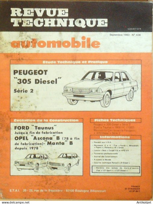 Revue Tech. Automobile 1983 n°436 Peugeot 305 Ford Taunus opel Ascona
