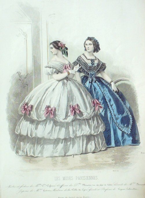 Gravure Les Modes Parisiennes 1858 # 820 Robes satin Maison Vafseno