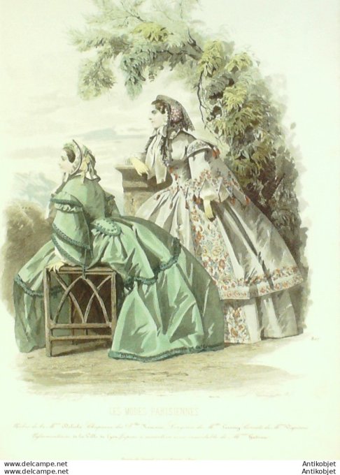 Gravure Les Modes Parisiennes 1858 # 807 Robes Gros de Naples Maison Delisle