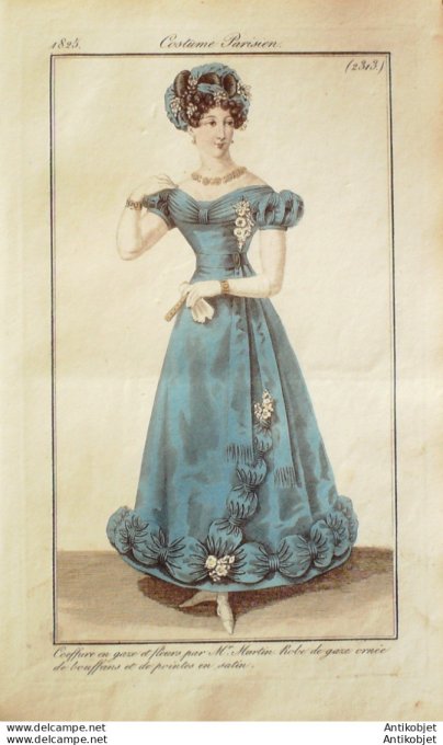 Gravure de mode Costume Parisien 1825 n°2313 Robe de gaze ornée de bouffans