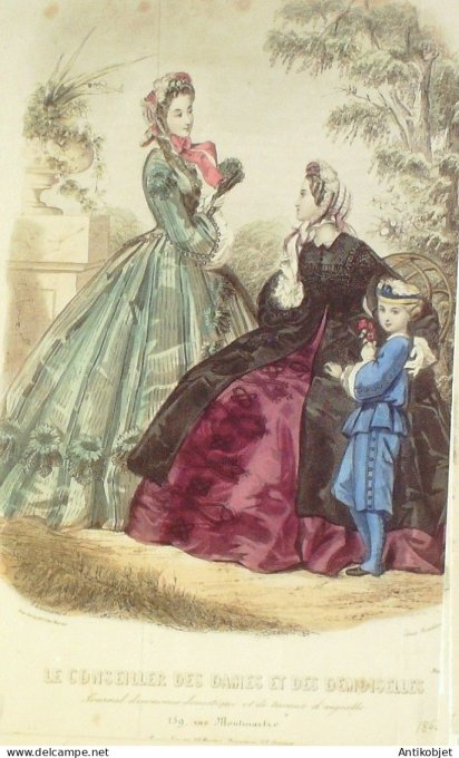 Gravure Mode Conseiller des Dames 1864 #  3 (aquarellee Old Fashion plate)