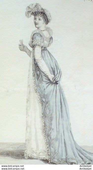 Gravure de mode Costume Parisien 1805 n° 624 (An 13) Robe et manteau de cour