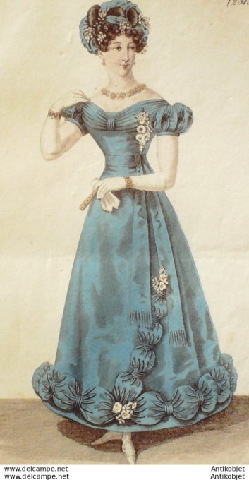 Gravure de mode Costume Parisien 1825 n°2313 Robe de gaze ornée de bouffans