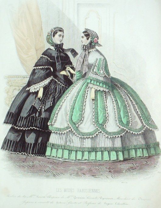 Gravure Les Modes Parisiennes 1858 # 821 Robes de promenade Maison Fauvet