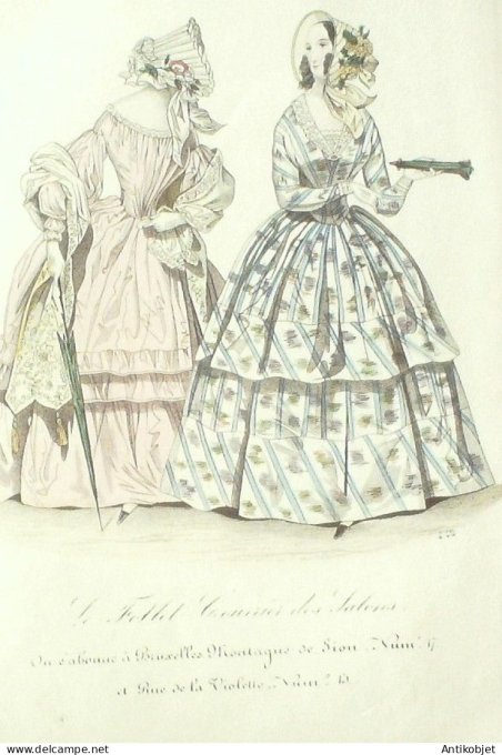 Gravure Mode Le Follet 1839 # 446 (aquarelle Old Fashion plate)