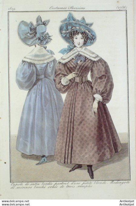 Gravure de mode Costume Parisien 1829 n°2736 Redingote de mérinos ornée