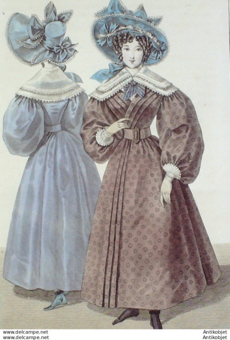 Gravure de mode Costume Parisien 1829 n°2736 Redingote de mérinos ornée