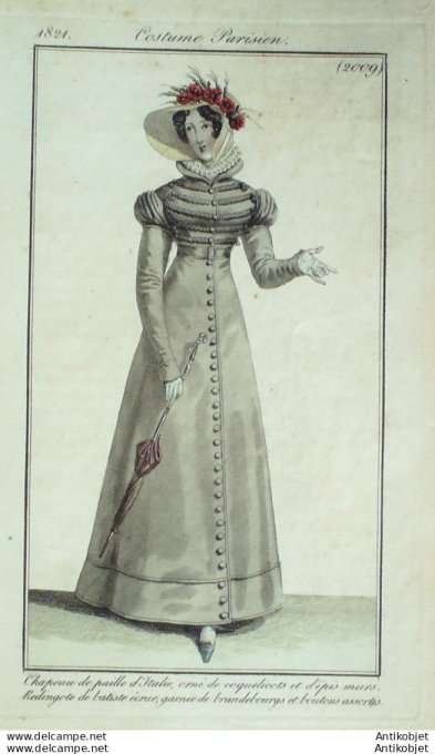 Gravure de mode Costume Parisien 1821 n°2009 Redingote batiste écrue & brandebourgs