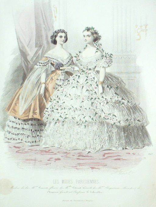 Gravure Les Modes Parisiennes 1858 # 823 Robes de bal Maison Fauvet