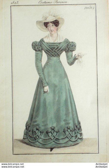 Gravure de mode Costume Parisien 1823 n°2152 Robe mousseline  brodée