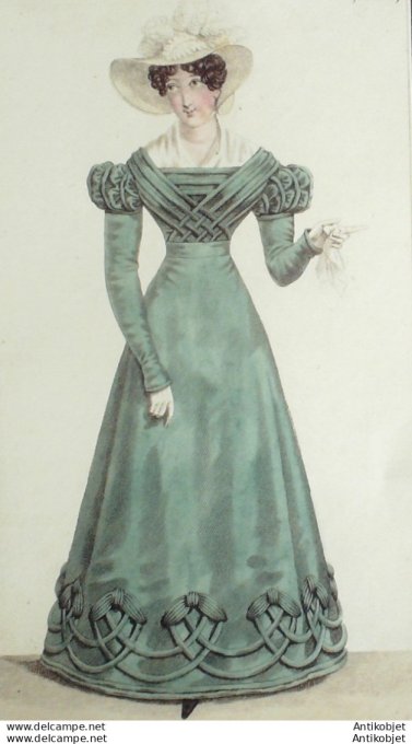 Gravure de mode Costume Parisien 1823 n°2152 Robe mousseline  brodée