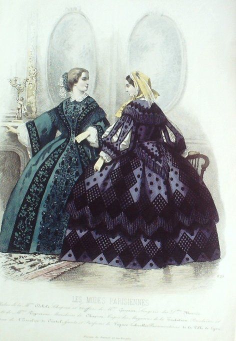 Gravure Les Modes Parisiennes 1858 # 825 Robes de deuil Maison Delille