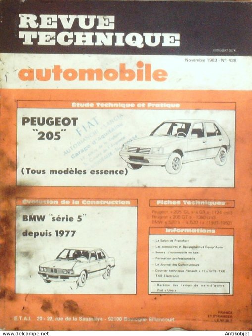 Revue Tech. Automobile 1983 n°438 Peugeot 205 Bmw série 5