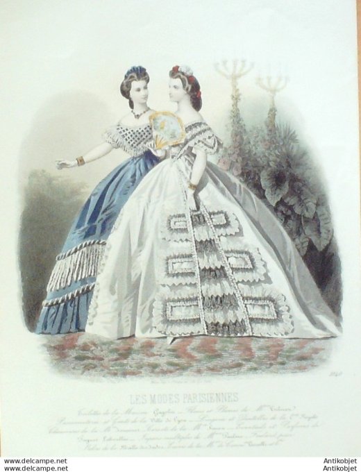 Gravure Les Modes Parisiennes 1863 #1040 Robes de bal Maison Gagelin