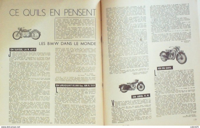 Moto Revue 1956 n° 1305 Peugeot 125 gonflée Bmw R67 3 R 51 3 500 Ariel VH 450 FN