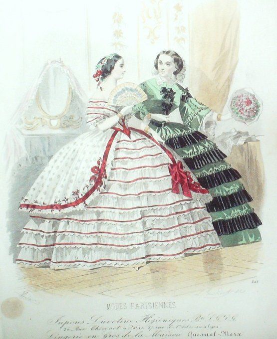 Gravure Les Modes Parisiennes 1858 # 826 Robes de soirées Maison Quesnel