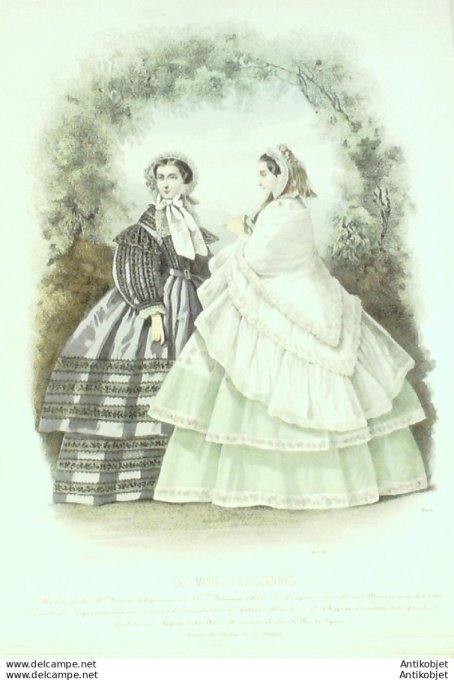 Gravure Les Modes Parisiennes 1858 # 809 Robes en satin Maison Fauvet