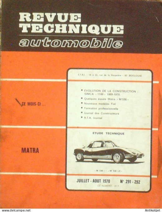 Revue Tech. Automobile 1970 n°291 Simca 1100 Matra M530