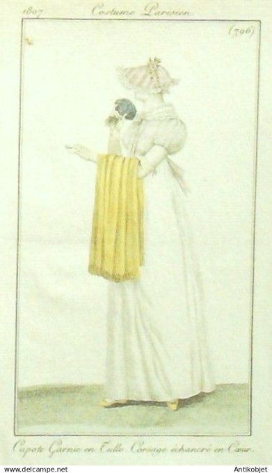 Gravure Costume Parisien 1807 # 796 (eau forte) Capote garnie