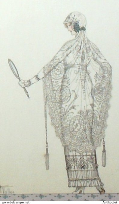 Gravure de mode Costume Parisien 1913 pl.094 VALLEE Armand Robe de mariée