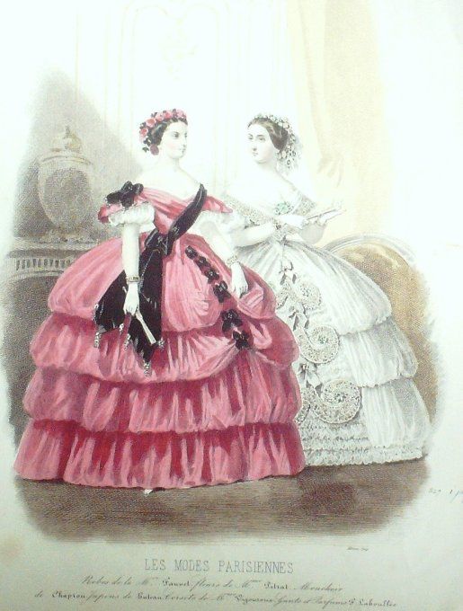 Gravure Les Modes Parisiennes 1858 # 827 Robes de bal Maison Fauvet