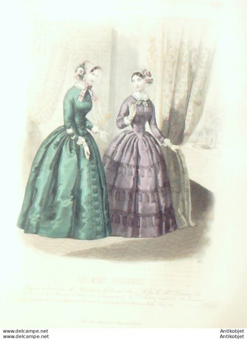 Gravure Les Modes Parisiennes 1846 # 182 Robes de soie Maison Fanny