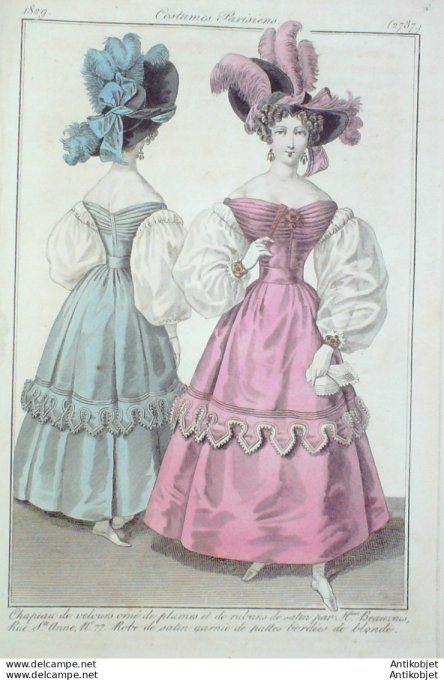 Gravure de mode Costume Parisien 1829 n°2737 Robe de satin garnie de pattes