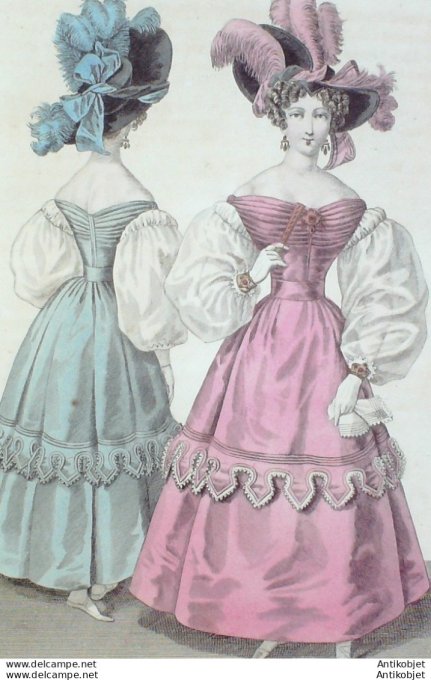 Gravure de mode Costume Parisien 1829 n°2737 Robe de satin garnie de pattes