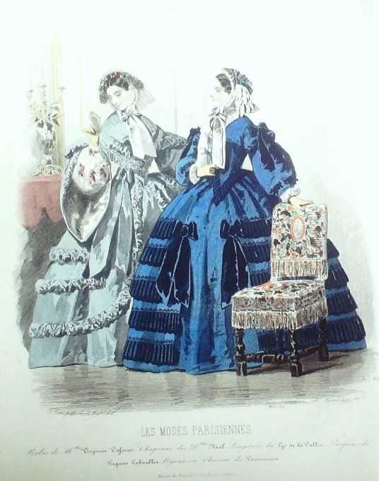 Gravure Les Modes Parisiennes 1858 # 828 Robes satin Maison Vafseno