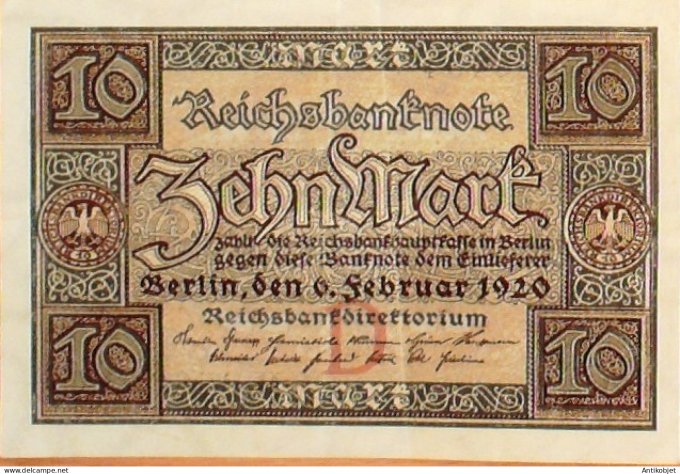 Billet de Banque Allemagne 10 Mark Reichsbanknote 1920