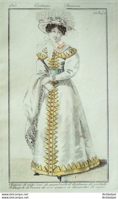 Gravure de mode Costume Parisien 1825 n°2314 Redingote de soie et satin