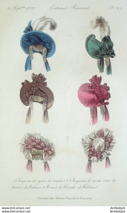 Costume Parisien 1832 # 3019 Chapeaux de gros de Naples