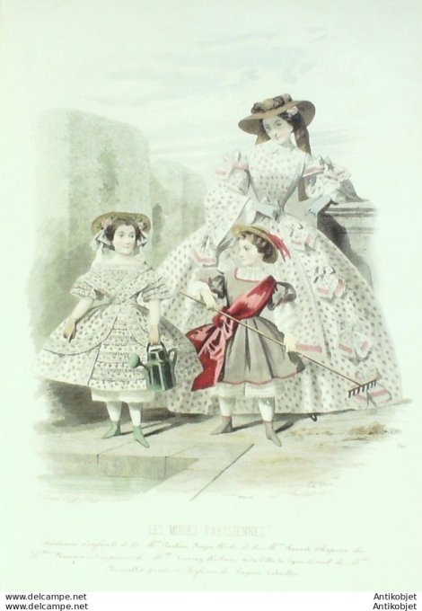 Gravure Les Modes Parisiennes 1858 # 810 Costumes enfants Maison Royéo