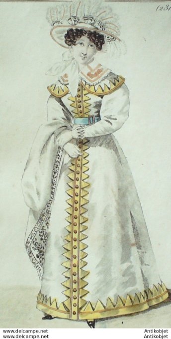 Gravure de mode Costume Parisien 1825 n°2314 Redingote de soie et satin