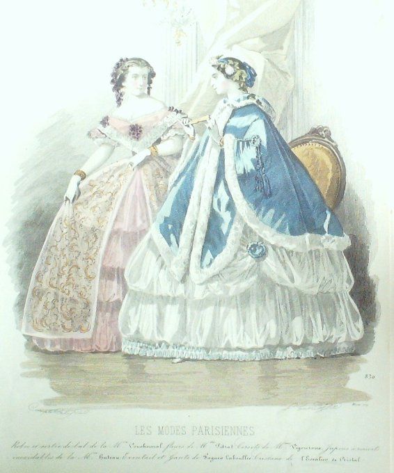 Gravure Les Modes Parisiennes 1859 # 830 Robes de bal Maison Couchonnal