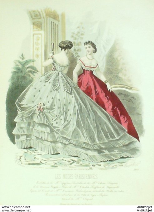 Gravure Les Modes Parisiennes 1865 #1202 Robes de bal Maison Cagelin