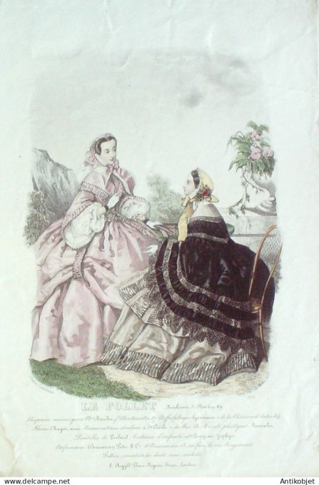Gravure Mode Le Follet 1860 # 2173 (aquarelle Old Fashion plate)