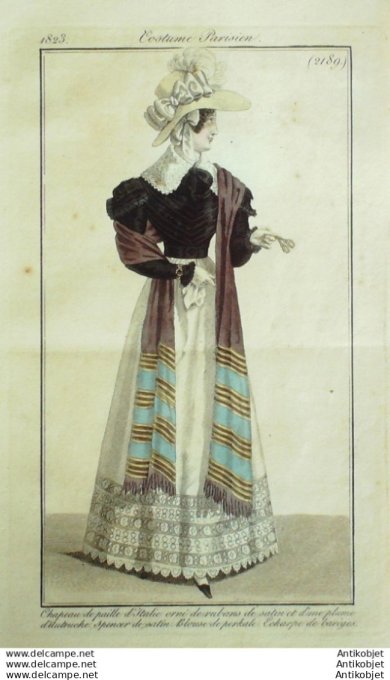 Gravure Mode Costume Parisien 1823 # 2189 (eau forte old Fashion plate